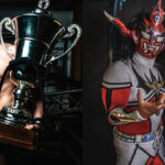 Mike Bailey and Jushin Liger holding their trophies after winning the RevPro British J Cup