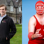 Two images side by side. On the left is Peter Thornley, stood outside a manor house with a black jacket on. On the right is Kendo Nagasaki, wearing his all red attire and mask