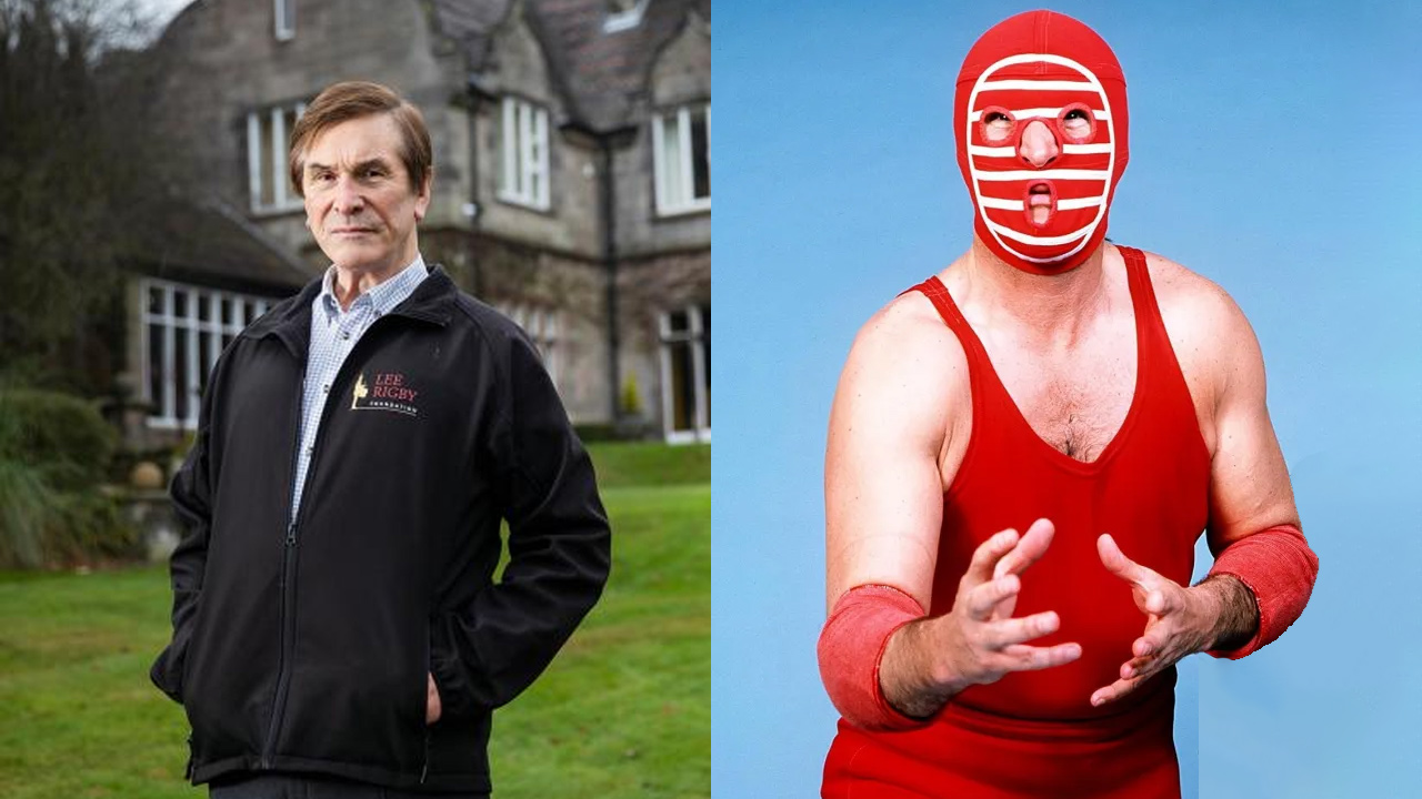 Two images side by side. On the left is Peter Thornley, stood outside a manor house with a black jacket on. On the right is Kendo Nagasaki, wearing his all red attire and mask