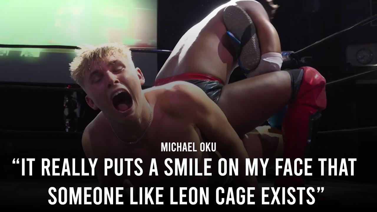 Michael Oku locks Leon Cage in the half boston crab as Cage screams in pain