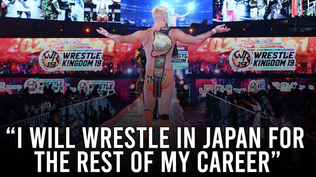 Zack Sabre Jr celebrating with the IWGP World Heavyweight Championship at Wrestle Kingdom 19, with overlay text stating his desire to stay with NJPW until he retires.