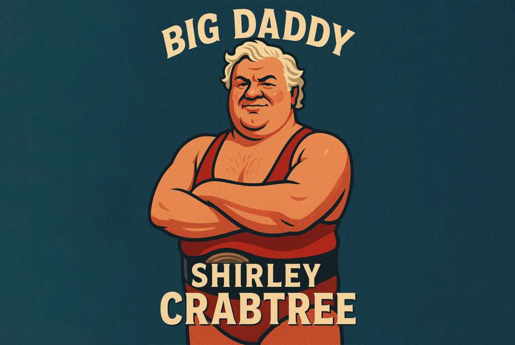 A cartoon version of Big Daddy on a blue background, with the words Big Daddy above and Shirley Crabtree below him