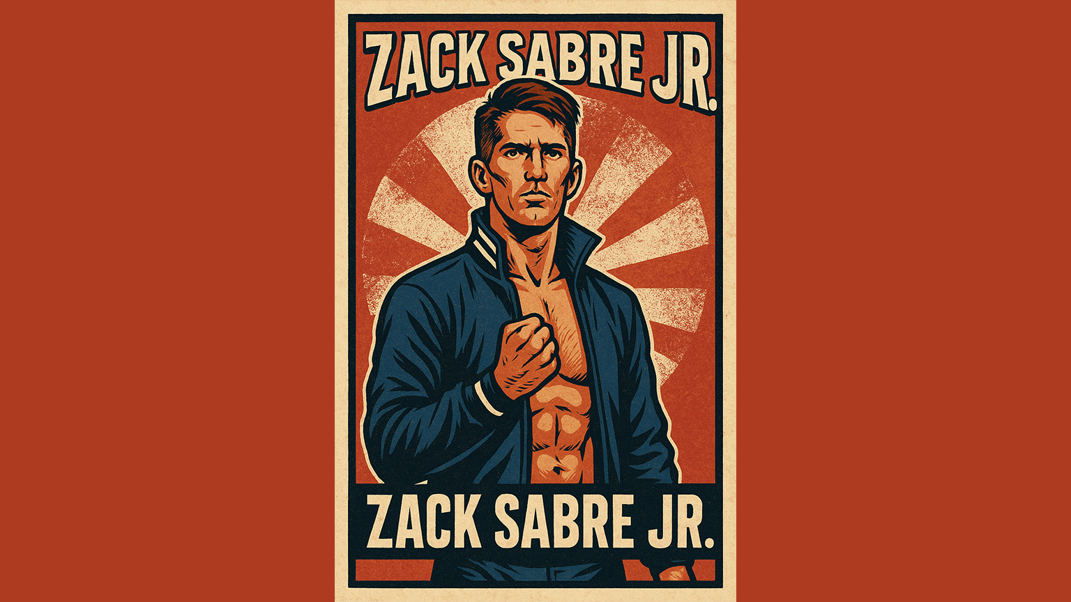 A cartoon illustration of Zack Sabre Jr on a red background, taking inspiration from a classic poster