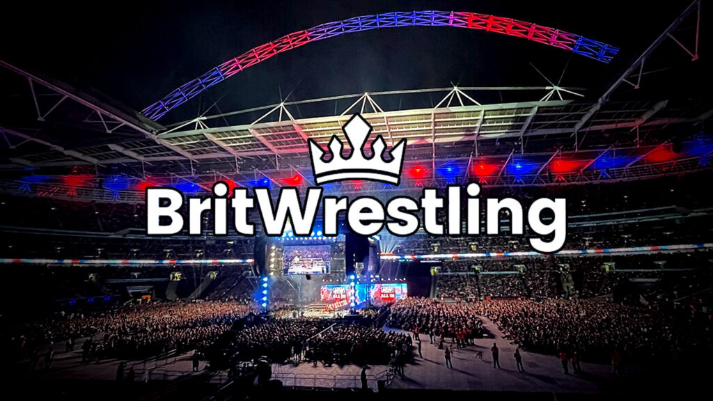 The BritWrestling logo over the top of an image of AEW All In 2013 at Wembley Stadium