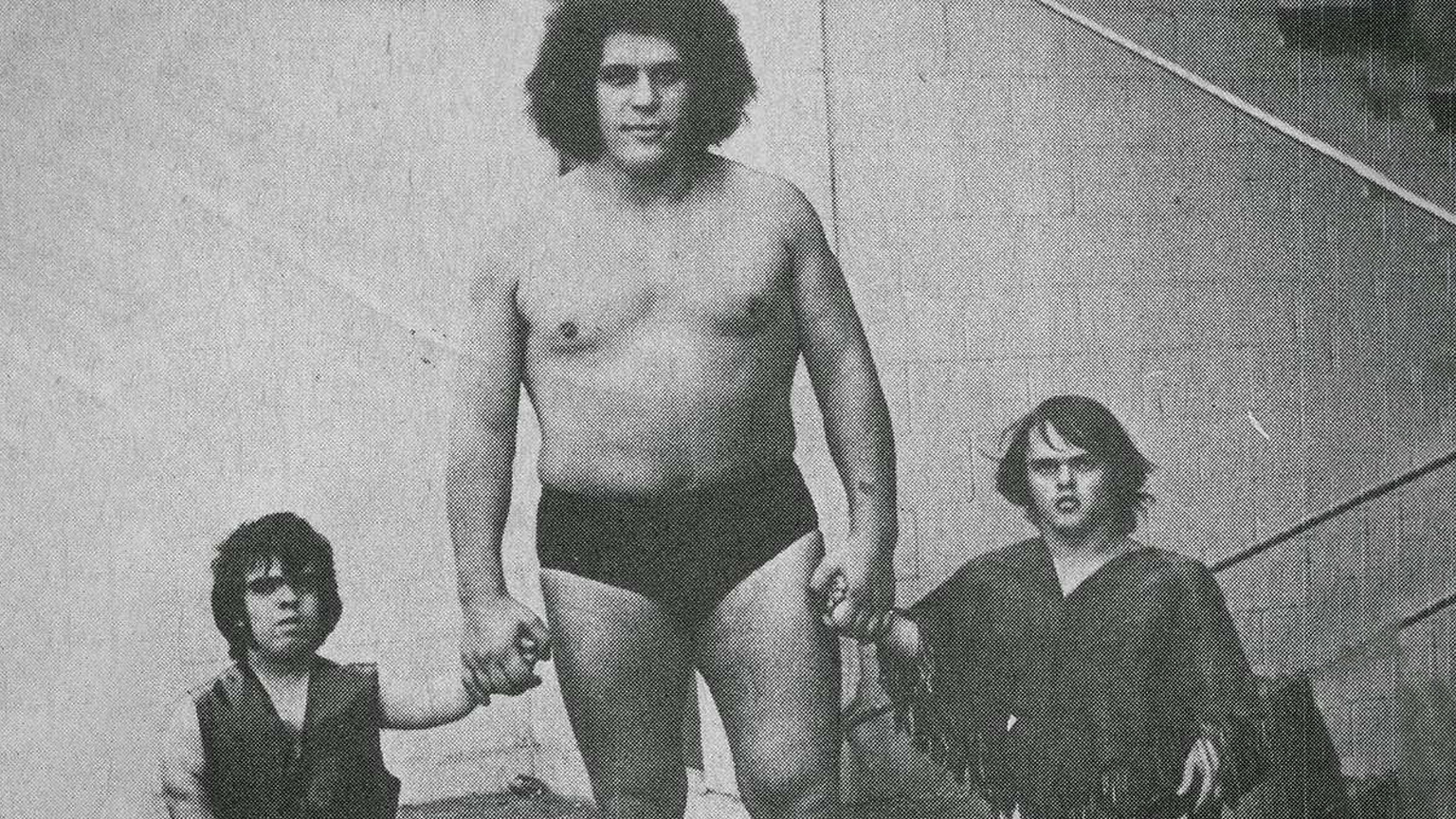 A wrestling revue featuring Jean Ferre, Tom Thumb, and Joe Russell, photographed in October 1973.